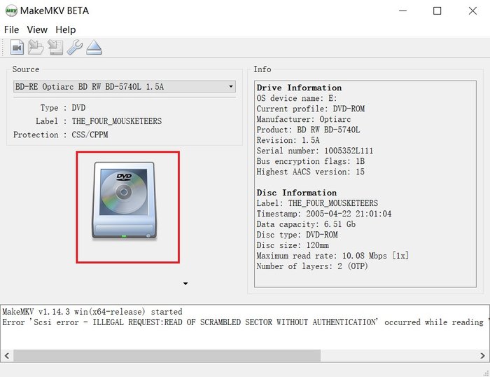 Makemkv Haga clic en el icono de DVD