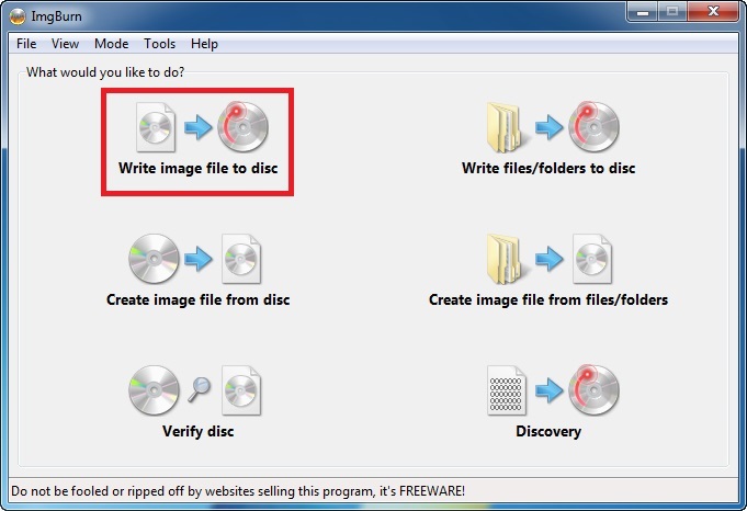 Select Write image file to disc on ImgBurn