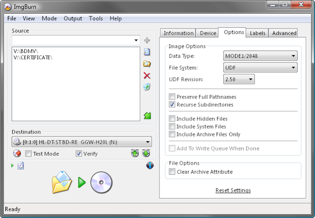 Personalizar la configuración de opciones de ImgBurn