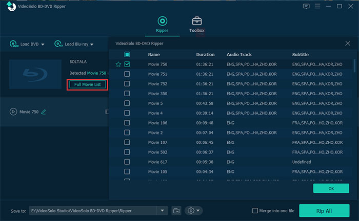 Seleziona Tracce audio e sottotitoli