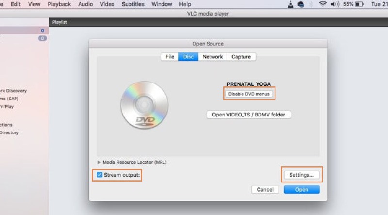 Disco abierto VLC para Mac