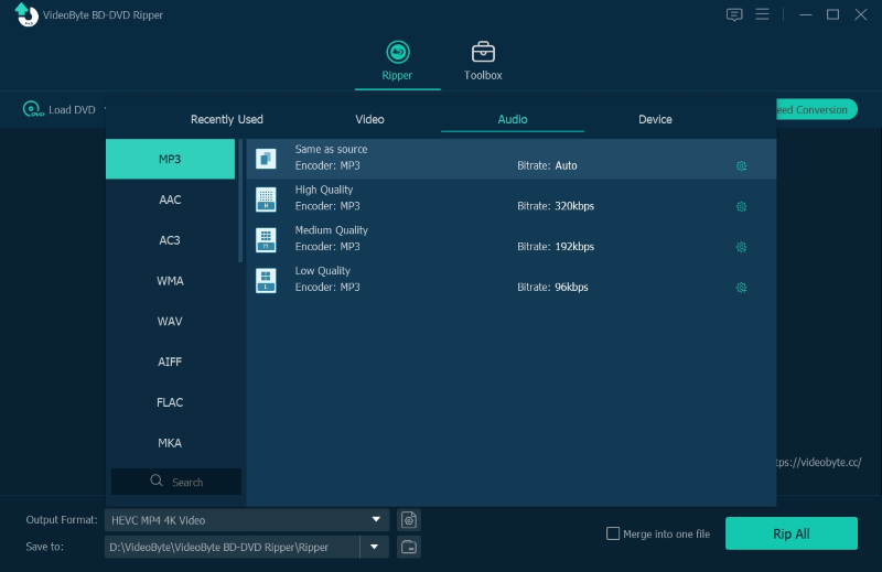 Imposta il bitrate audio