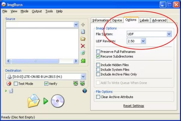 ImgBurn Blu-ray Options