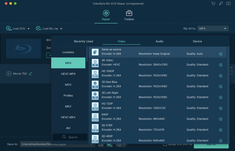 Seleccione formato y calidad para copiar Blu-ray en Mac