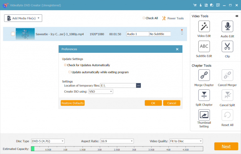 Creatore Seleziona destinazione di output